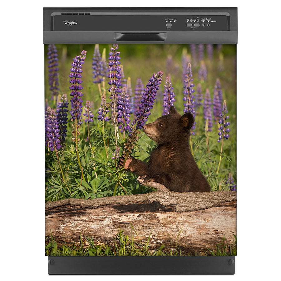  Bear Cub Smelling Flowers Magnet Skin on Black Dishwasher 