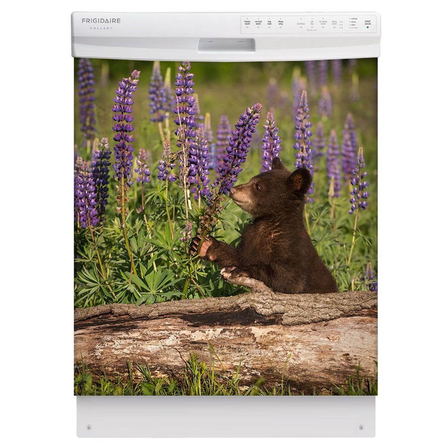 Bear Cub Smelling Flowers Magnet Skin on White Dishwasher
