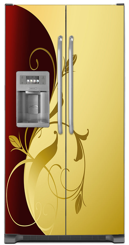 Burgundy Gold Leaf Magnet Skin on Model Type Side by Side Refrigerator with Ice Maker Water Dispenser