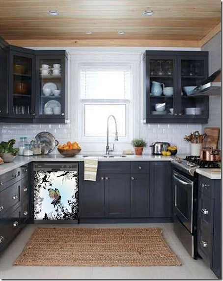  Dark Gray Kitchen Cabinets with White Marble Countertop Against White Walls Window Behind Sink Delightful Fairies Magnet Skin on Dishwasher Black Control Panel 