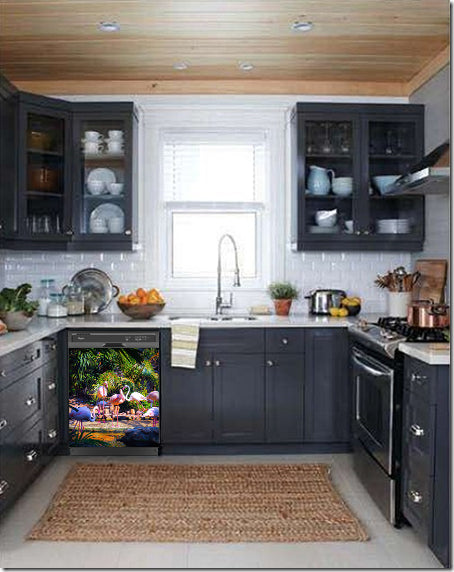  Dark Gray Kitchen Cabinets with White Marble Countertop Against White Walls Window Behind Sink Flamingo Garden Magnet Skin on Dishwasher Black Control Panel 