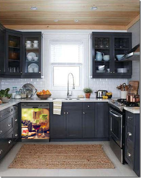 Dark Gray Kitchen Cabinets with White Marble Countertop Against White Walls Window Behind Sink Glasses Of Wine Magnet Skin on Dishwasher Black Control Panel