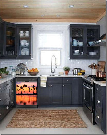 Dark Gray Kitchen Cabinets with White Marble Countertop Against White Walls Window Behind Sink Sunset Palm Trees Magnet Skin on Dishwasher Black Control Panel