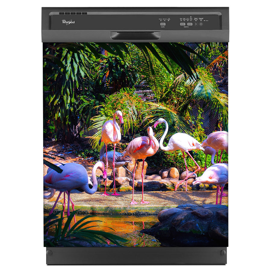 Flamingo Garden Magnet Skin on Black Dishwasher