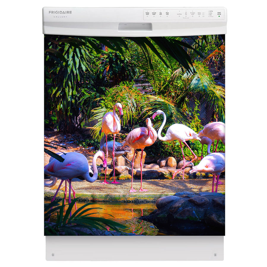 Flamingo Garden Magnet Skin on White Dishwasher