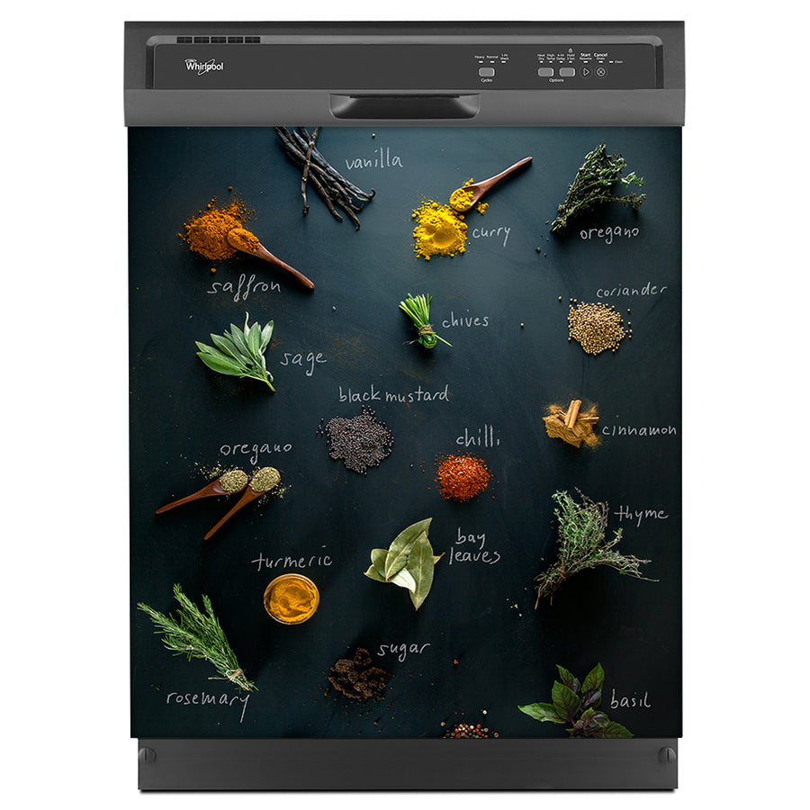 Herbs & Spices Magnetic Dishwasher Cover Skin Panel on Dishwasher with Black Control Panel