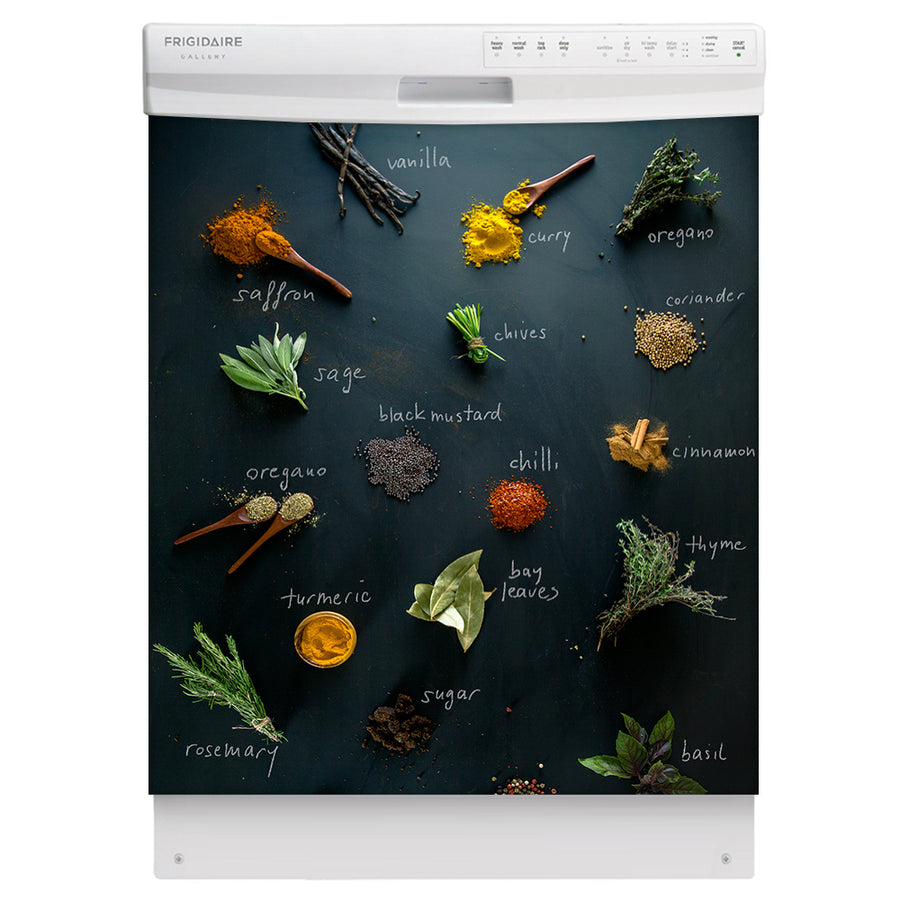 Herbs & Spices Magnetic Dishwasher Cover Skin Panel on Dishwasher with White Control Panel