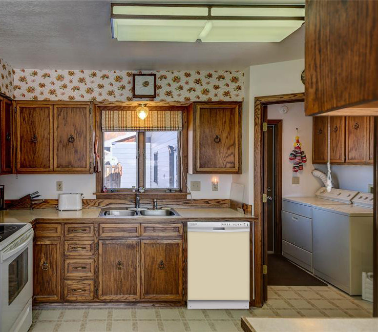  Kitchen Brown Wood Cabinets Recessed Stove & Oven Biscuit Beige Magnet Skin on Dishwasher White Control Panel Next to Sink 