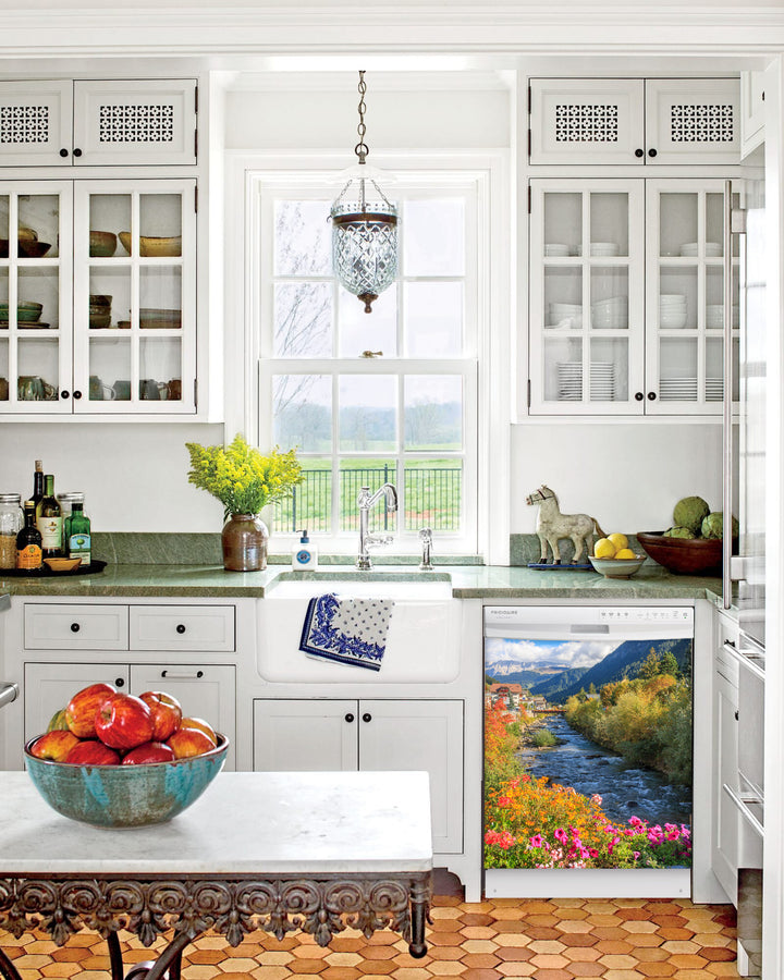  Kitchen with White Cabinets Green Countertop Terra Cotta Floor Kitchen Sink with Window next to Flowers Along a Stream Magnetic Dishwasher Cover Skin on Dishwasher with White Control Panel 