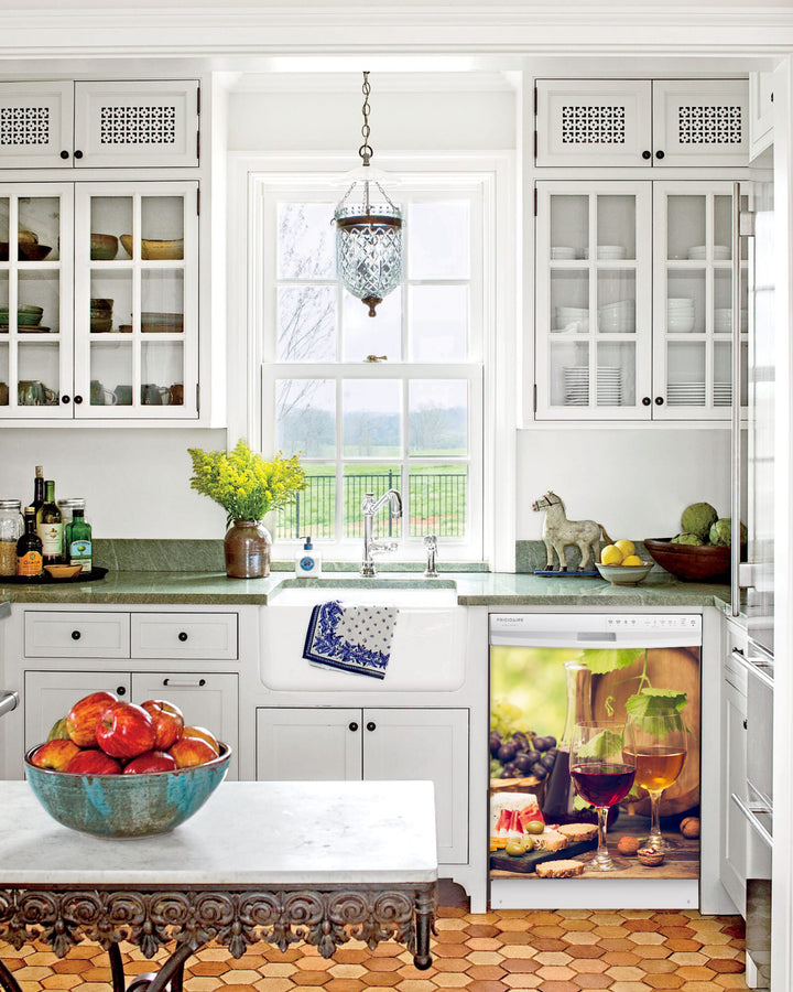 Kitchen with White Cabinets Green Countertop Terra Cotta Floor Kitchen Sink with Window next to Glasses Of Wine Magnet Skin on Dishwasher with White Control Panel