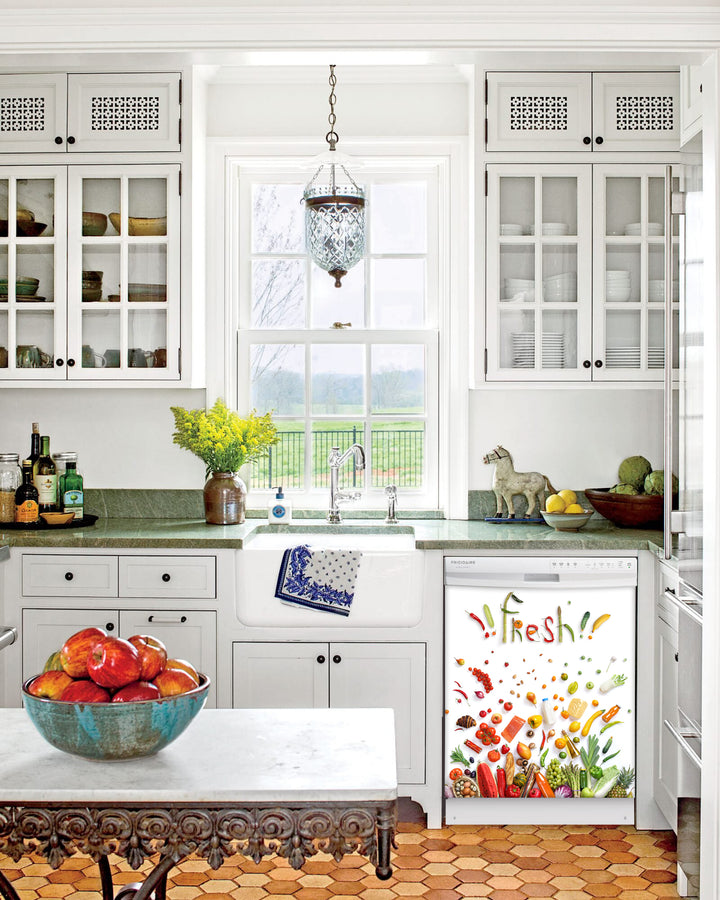 Kitchen with White Cabinets Green Countertop Terra Cotta Floor Kitchen Sink with Window next to Market Fresh Inspiration Magnet Skin on Dishwasher with White Control Panel