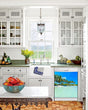 Load image into Gallery viewer, Kitchen with White Cabinets Green Countertop Terra Cotta Floor Kitchen Sink with Window next to Paradise Island Magnetic Dishwasher Cover Skin on Dishwasher with White Control Panel
