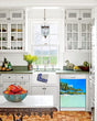 Load image into Gallery viewer, Kitchen with White Cabinets Green Countertop Terra Cotta Floor Kitchen Sink with Window next to Paradise Island Magnetic Dishwasher Cover Skin on Dishwasher with White Control Panel