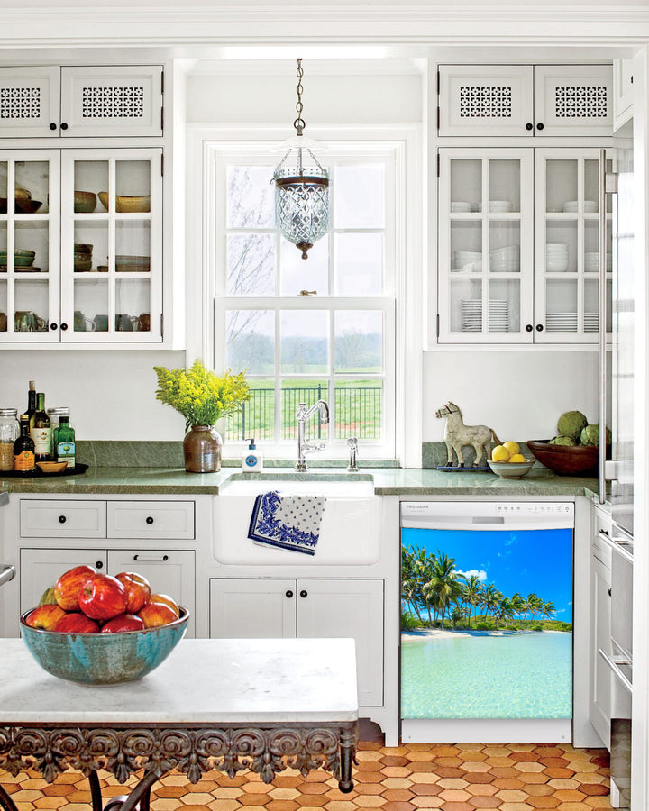 Kitchen with White Cabinets Green Countertop Terra Cotta Floor Kitchen Sink with Window next to Paradise Island Magnetic Dishwasher Cover Skin on Dishwasher with White Control Panel
