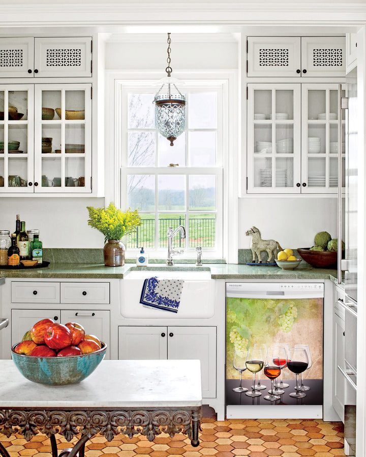 Kitchen with White Cabinets Green Countertop Terra Cotta Floor Kitchen Sink with Window next to Wine Tasting Magnetic Dishwasher Cover Skin on Dishwasher with White Control Panel