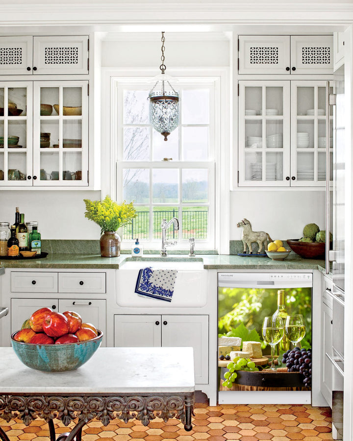 Kitchen with White Cabinets Green Countertop Terra Cotta Floor Kitchen Sink with Window next to Winery Picnic Magnetic Dishwasher Cover Skin on Dishwasher with White Control Panel