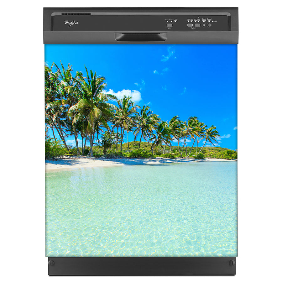Paradise Island Magnetic Dishwasher Cover Skin Panel on Dishwasher with Black Control Panel