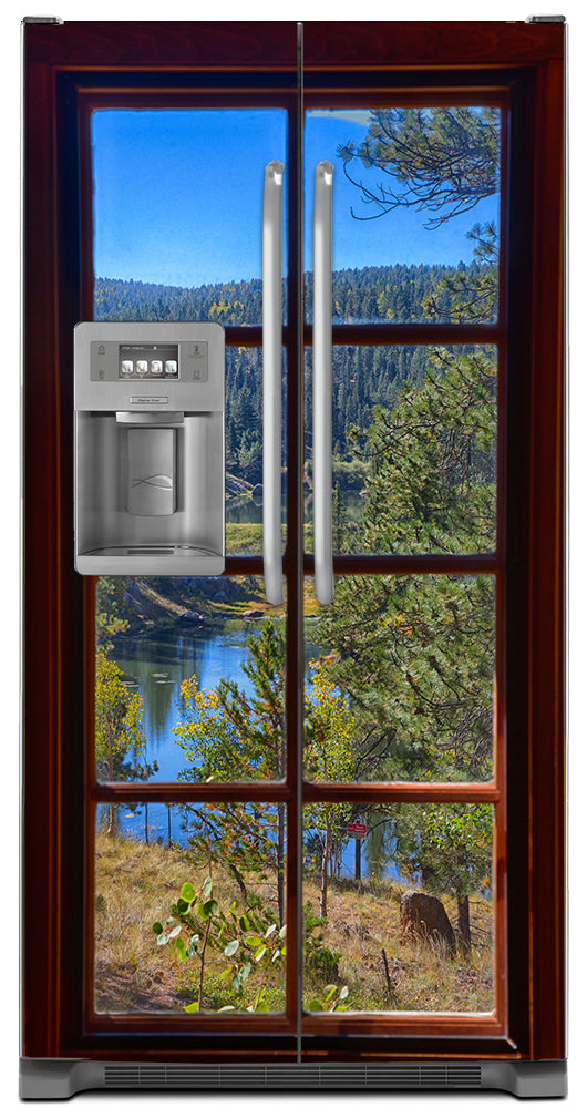Picturesque Window View Magnetic Refrigerator Cover Panel Skin Wrap on Refrigerator  Model Type Side by Side Fridge with Ice Maker