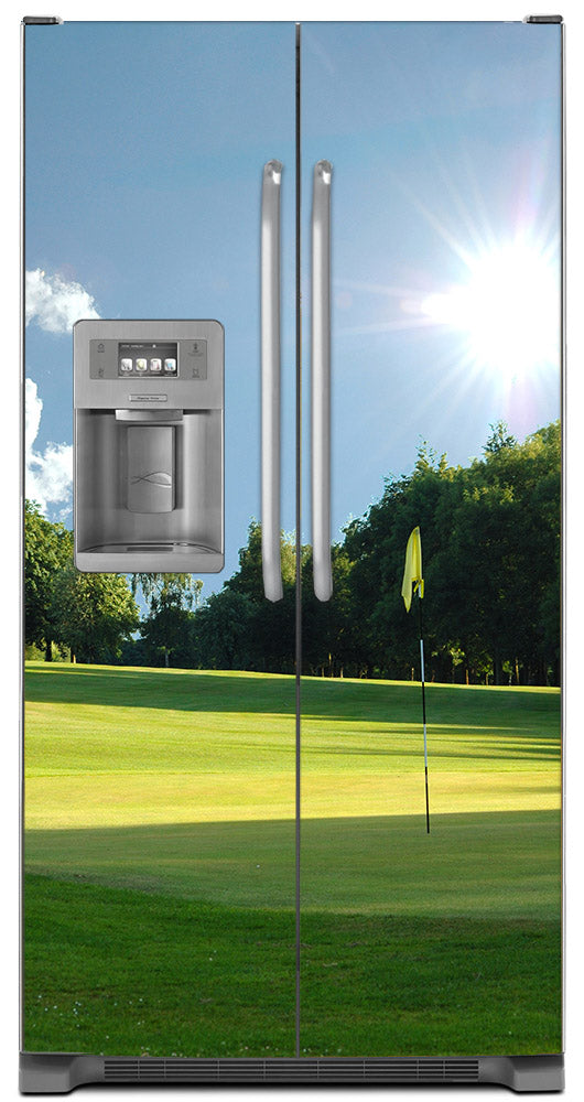 Playing Golf Magnet Skin on Model Type Side by Side Refrigerator with Ice Maker Water Dispenser