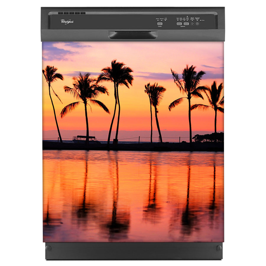 Sunset Palm Trees Magnet Skin on Black Dishwasher