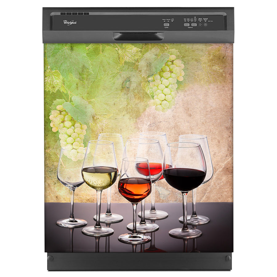 Wine Tasting Magnetic Dishwasher Cover Skin Panel on Dishwasher with Black Control Panel
