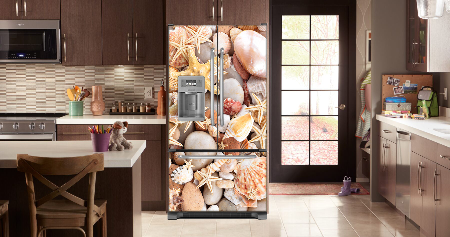 Kitchen with Brown Cabinets Ivory Counter Top and Frosted Glass Door Exit Seashells and Starfish Magnet Skin on French Door Refrigerator with Ice Maker