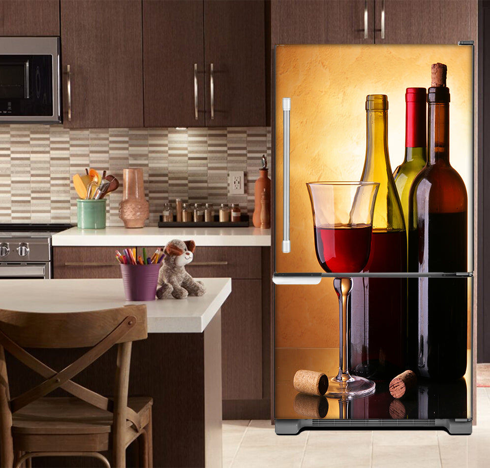 Kitchen Brown Cabinets Ivory Countertop Wine Bottles Magnet Fridge Skin on Model Type Fridge Bottom Freezer.jpg__PID:1af1ef25-e52e-40db-be79-a0c9f70b5ffc