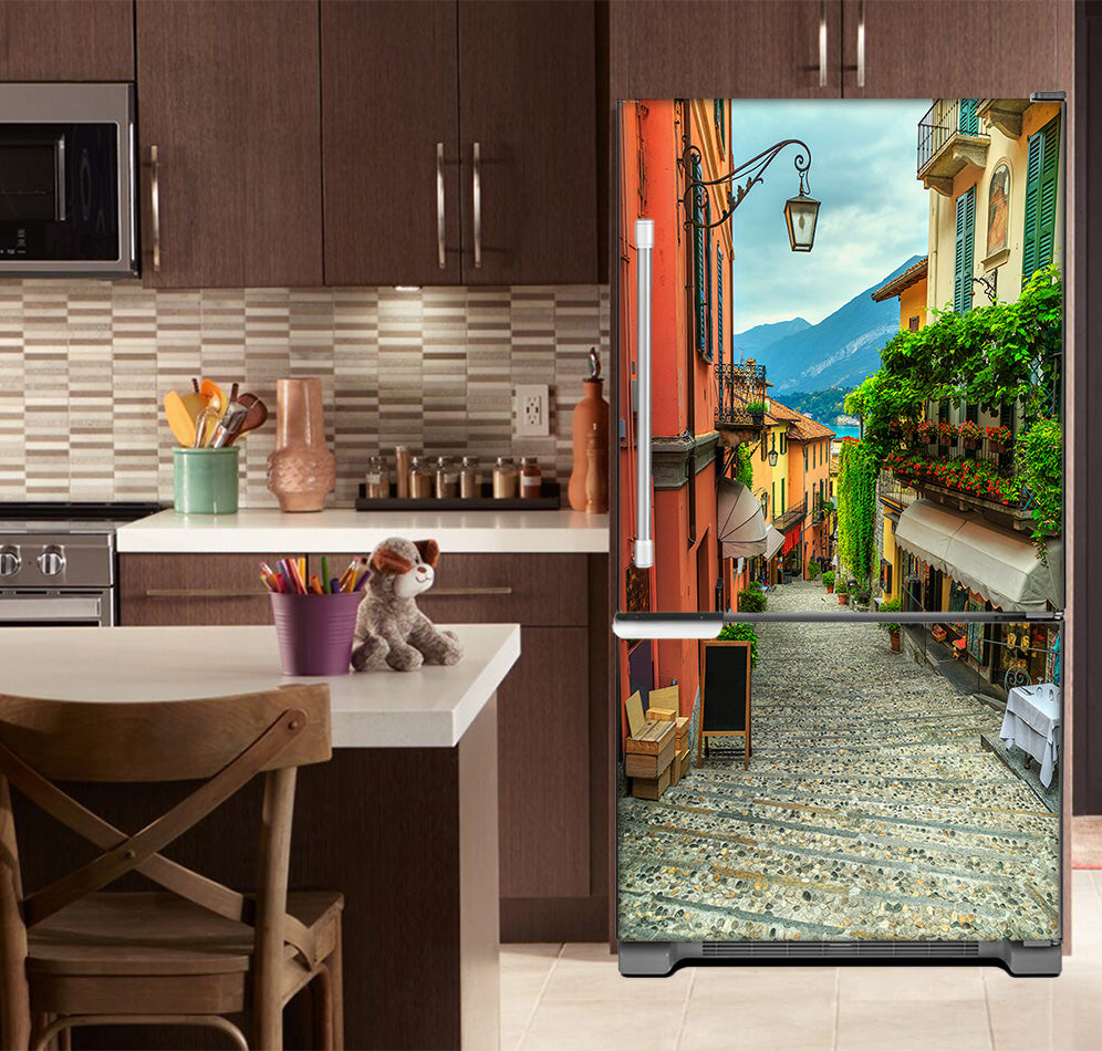 Kitchen with Brown Cabinets Ivory Countertop European Cobblestone Path Magnet Skin on Model Type Bottom Freezer Refrigerator.jpg__PID:4be6e720-e169-48ad-a2c3-515a75ee9213