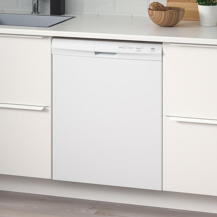 magnet white dishwasher cover on dishwasher inserted in cabinets with white countertop