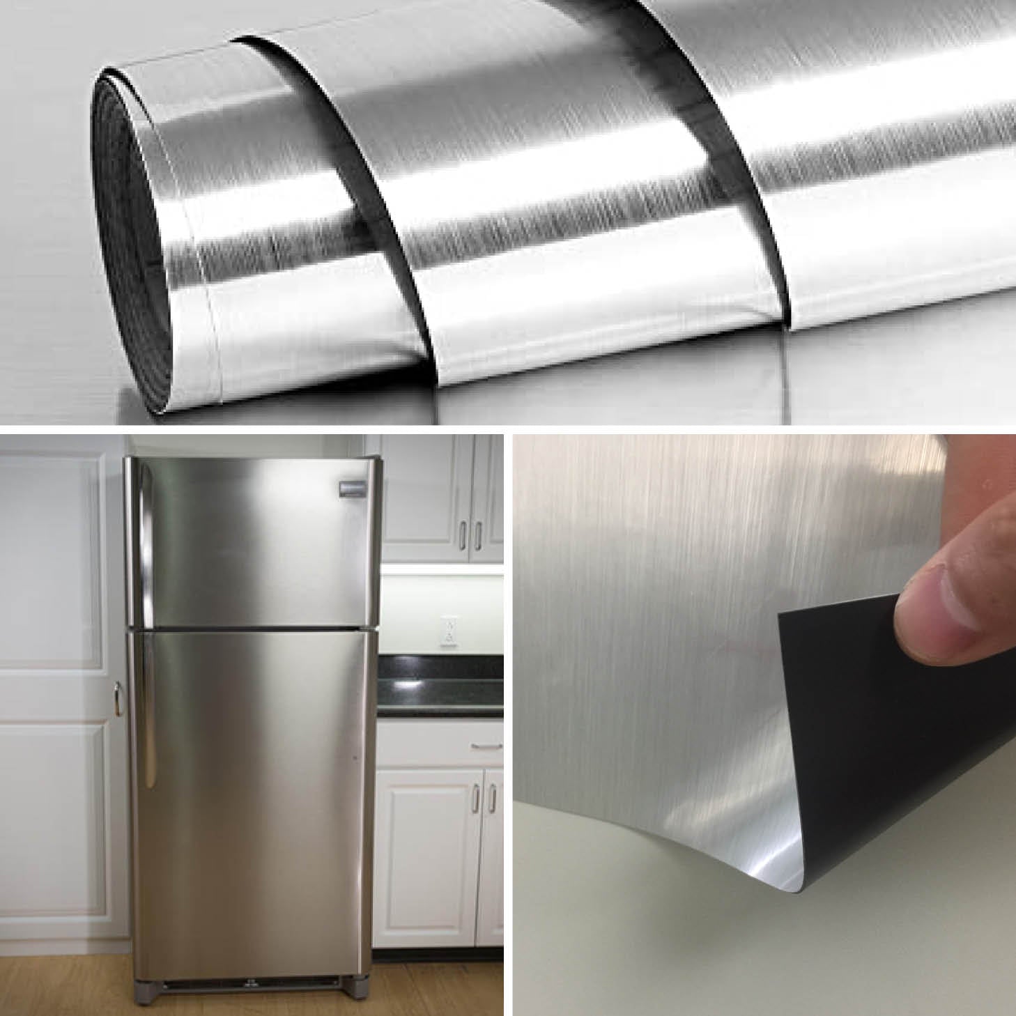3 images in one, stainless steel magnet roll, stainless steel refrigerator cover on fridge and sample of stainless steel magnet skin show the top side and magnetic bottom side