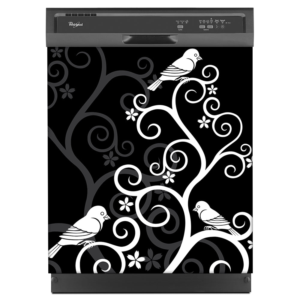 Birds On Swirls Magnet Skin on Black Dishwasher