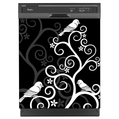 Birds On Swirls Magnet Skin on Black Dishwasher