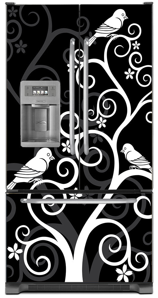 Birds On Swirls Magnet Skin on Model Type French Door Refrigerator with Ice Maker Water Dispenser