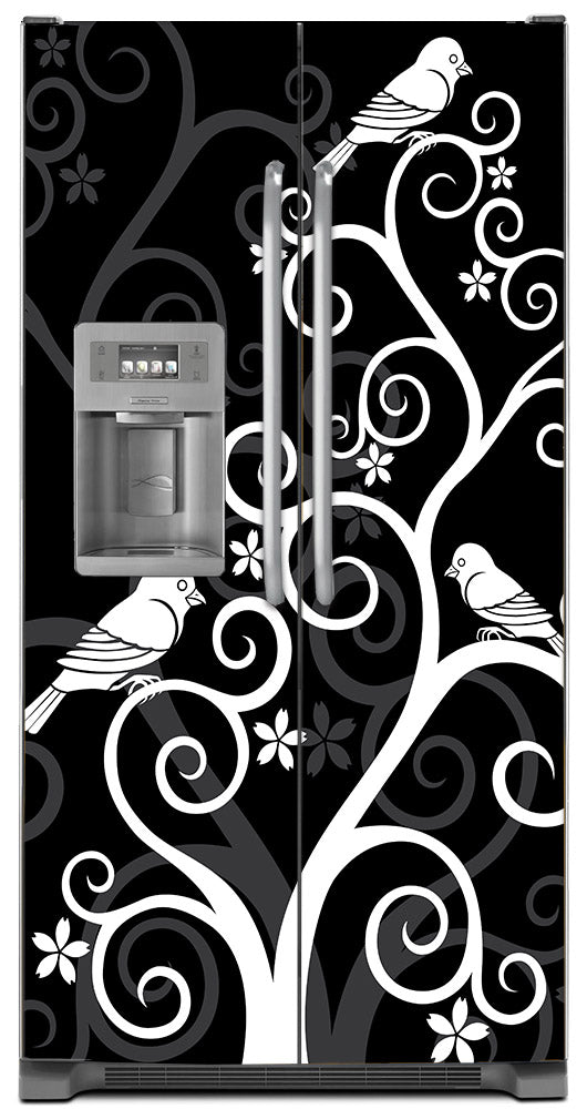 Birds On Swirls Magnet Skin on Model Type Side by Side Refrigerator with Ice Maker Water Dispenser