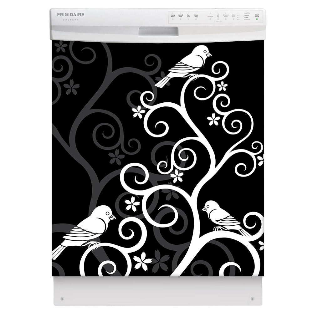 Birds On Swirls Magnet Skin on White Dishwasher