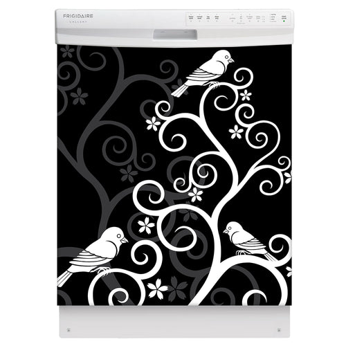 Birds On Swirls Magnet Skin on White Dishwasher