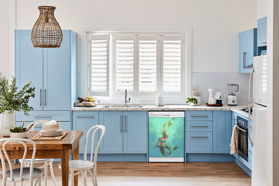 Breakfast table in kitchen with white walls, blue cabinets, marble countertop large window over sink area beautiful mermaid magnet skin on dishwasher white control panel