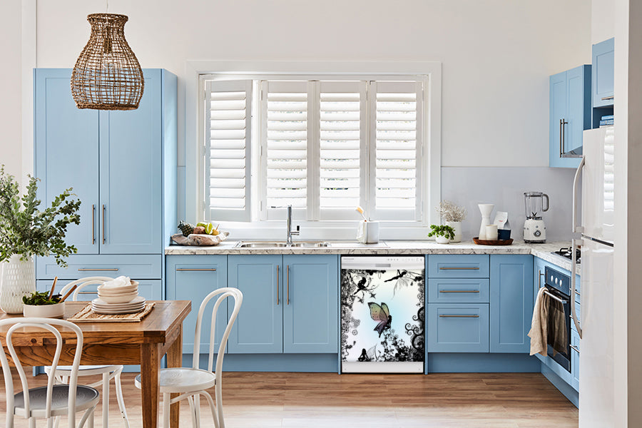  Breakfast table in kitchen with white walls, blue cabinets, marble countertop large window over sink area delightful fairies magnet skin on dishwasher white control panel 