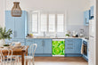 Load image into Gallery viewer, Breakfast table in kitchen with white walls, blue cabinets, marble countertop large window over sink area fresh limes magnet skin on dishwasher white control panel
