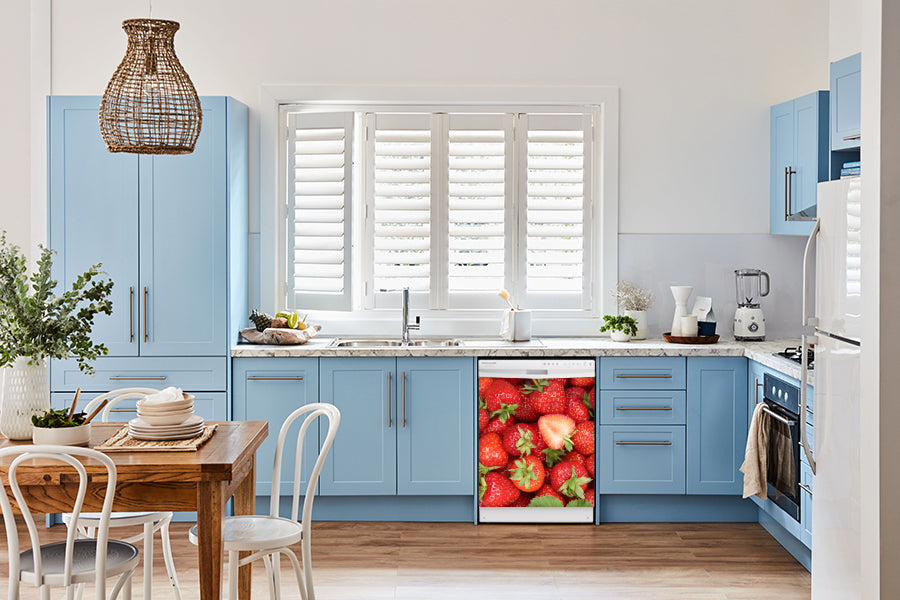  Breakfast table in kitchen with white walls, blue cabinets, marble countertop large window over sink area sweet strawberries magnet skin on dishwasher white control panel 