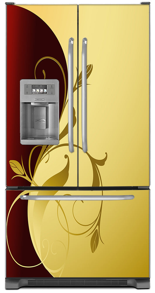 Burgundy Gold Leaf Magnet Skin on Model Type French Door Refrigerator with Ice Maker Water Dispenser