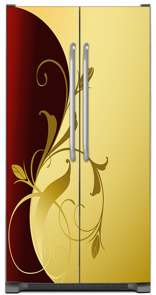 Burgundy Gold Leaf Magnet Skin on Model Type Side by Side Refrigerator