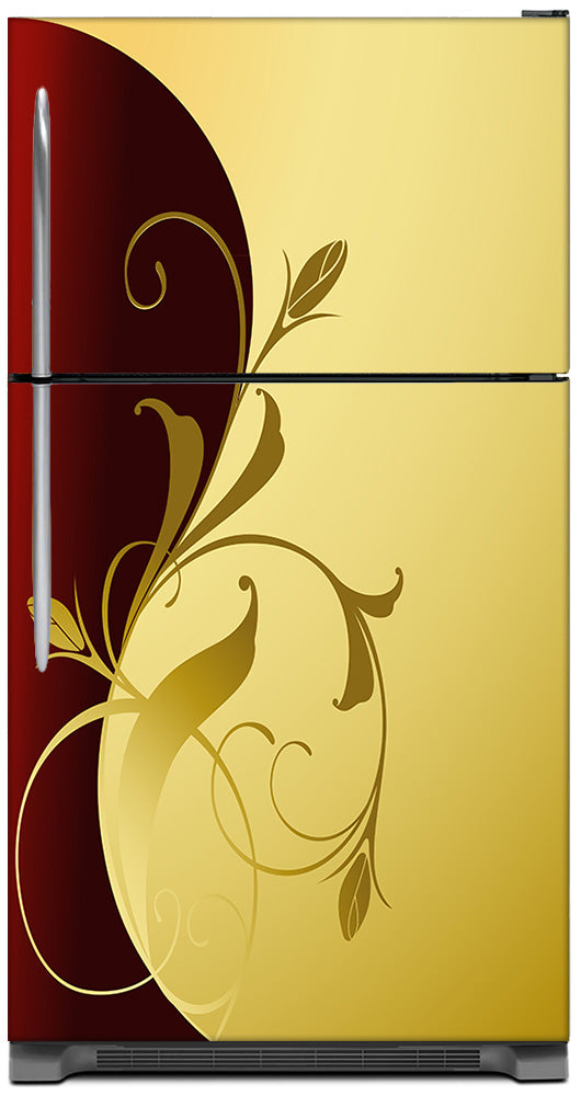 Burgundy Gold Leaf Magnet Skin on Model Type Top Freezer Refrigerator