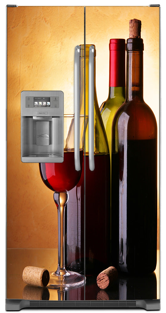 Classic Wine Bottles Magnetic Refrigerator Skin Wrap Panel on Model Type Fridge Side by Side with Ice Maker