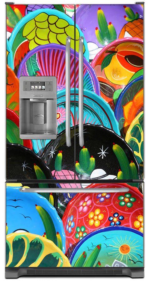  Colorful Plates Magnet Skin on Model Type French Door Refrigerator with Ice Maker Water Dispenser 