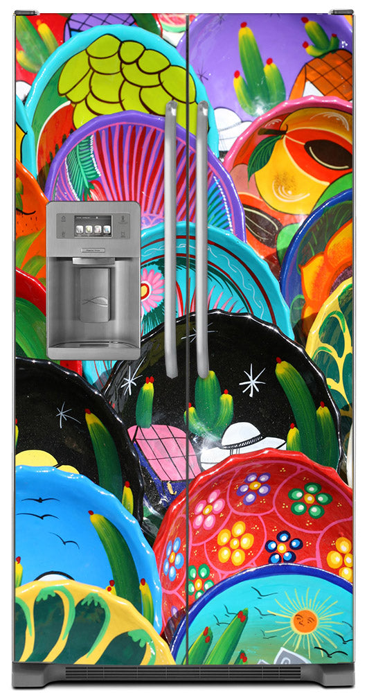 Colorful Plates Magnet Skin on Model Type Side by Side Refrigerator with Ice Maker Water Dispenser