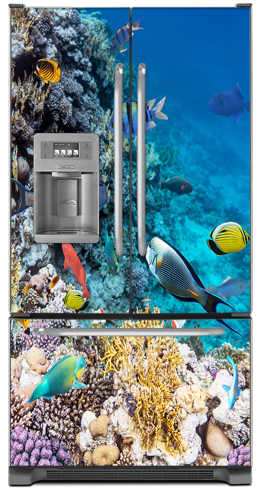 Coral Reef Fish Magnetic Refrigerator Cover Panel Skin Wrap on Refrigerator  Model Type French Door Fridge with Ice Maker