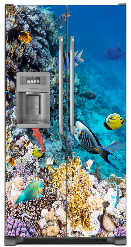 Coral Reef Fish Magnetic Refrigerator Cover Panel Skin Wrap on Refrigerator  Model Type Side by Side Fridge with Ice Maker