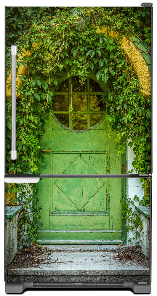 Cozy Cottage Green Door Magnet Skin on Model Type Bottom Freezer Refrigerator