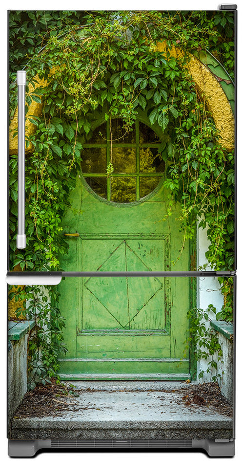 Cozy Cottage Green Door Magnet Skin on Model Type Bottom Freezer Refrigerator